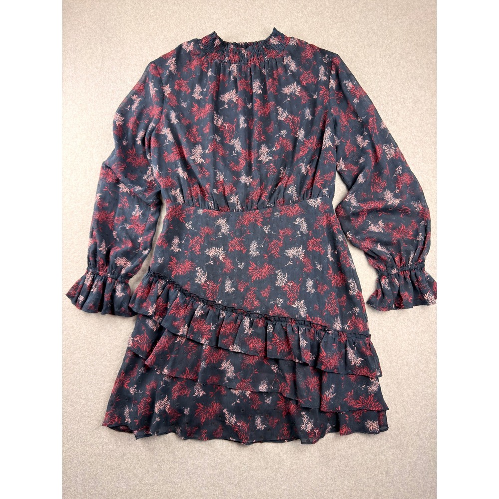 Sadie & Sage Navy Red Floral Smocked Mini Dress Long Sleeve Ruffle M